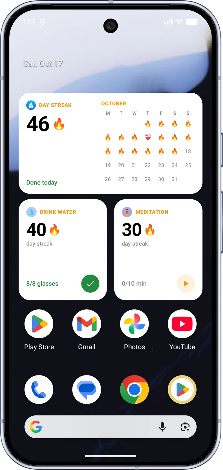 Habigrow Day streak widget and habit widgets on an Android home screen